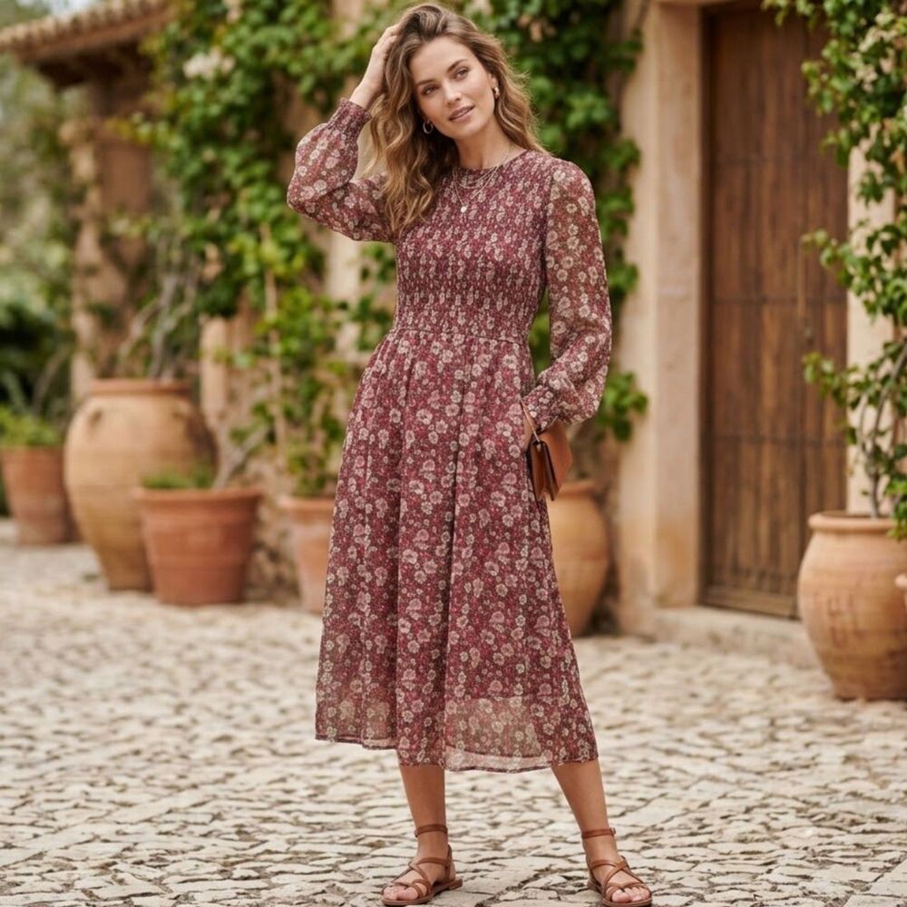 Vero Moda Smocked Midi Dress Womens Sz M Modest Feminine Floral Puffed Sleeve